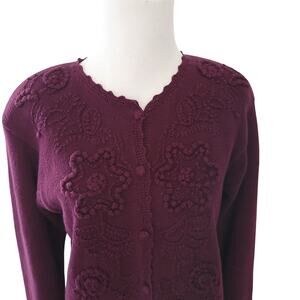 Vintage Women Granny Cardigan Hand Embroidered Rustic Knit Purple Small